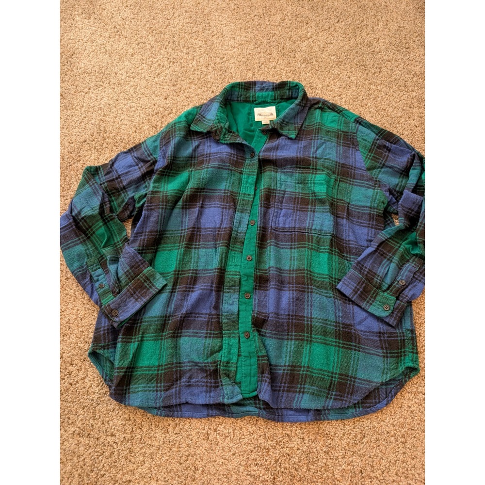 American Eagle Green Blue Plaid Flannel Shirt Corduroy Trim Large Womens